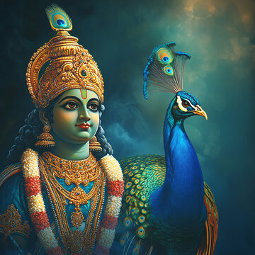 lord god Kartikeya (Murugan, Subrahmanya) seated with his Vel and peacock, Happy Thaipusam in blue abstract background