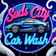 A vibrant neon-style car wash sign featuring a sleek, low-profile sports car silhouette with curved lines and a metallic finish, surrounded by animated water droplets in shades of blue and clear, and 
