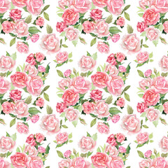Seamless vintage original floral pattern with red and pink roses, green leaves and small flowers on a white background. Watercolor. Ideal for fabric, wallpaper and textile design.