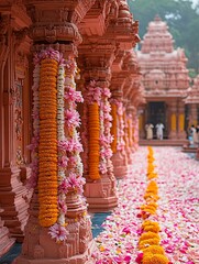 Fototapeta premium Vibrant Temple Pathway Adorned with Flowers
