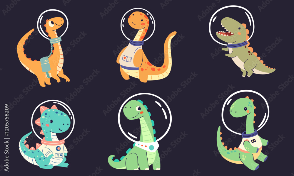 Canvas Prints set of flat vector illustrations in children's simple style. cute dinosaurs in spacesuits flying in 