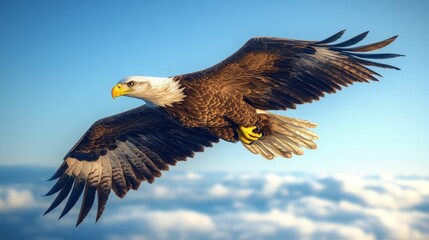 Fototapeta premium A bald eagle in flight, its wings fully spread, symbolizing freedom and strength. Perfect for wildlife and patriotic concepts.