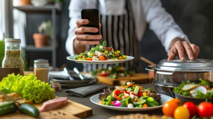 restaurant owner takes a picture of the food on the table with a smartphone to post on a website. Online food delivery, ordering service, influencer, review, social media, share, marketing, interest.
