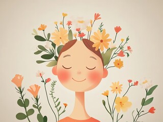 Charming flat art cartoon of a woman face with flowers blooming from the head, symbolizing mental health, mindfulness, and relaxation concepts.
