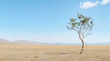 Obraz premium Climate change: Pollution and temperature rise. Lonely tree in a vast, open landscape under a clear blue sky.