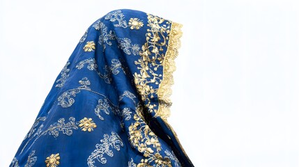 Blue Fabric Draped With Gold Embroidered Floral Design