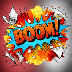 The word 'BOOM!' in bold, vibrant, and distressed comic book font with rounded edges and a metallic sheen, surrounded by a dynamic explosion of colors including fiery oranges, electric blues, and sunn