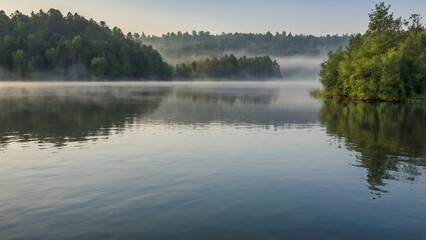 Fototapeta premium Misty Morning Serenity at the Lake