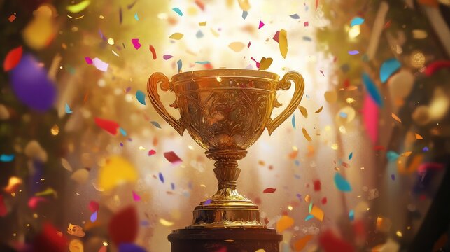 A golden trophy placed on a pedestal with confetti falling in the background, symbolizing victory and achievement.