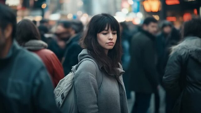 Scene of woman looks sad in the crowd, smooth repeating motion for background video animation.