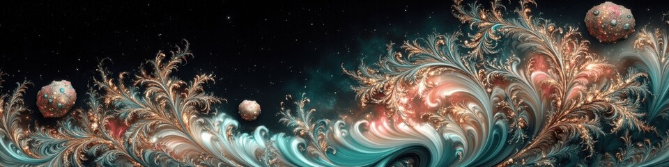 Stunning Abstract Space Art with Cosmic Waves and Swirling Planets Creating a Mesmerizing Interstellar Landscape in Vibrant Colors for Imaginative Exploration