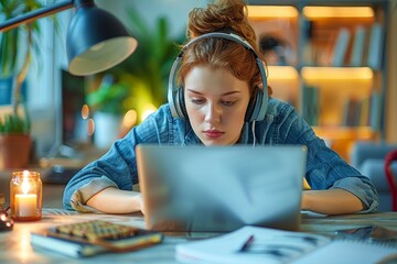 Female podcaster creating an engaging audio podcast in a bright studio with laptop and headphones