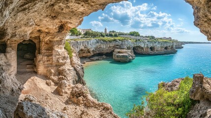 Fototapeta premium Coastal Caves and Turquoise Waters offer a captivating view of the seaside landscape