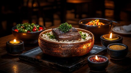 Fototapeta premium Roasted meat with rice and side dishes in rustic setting.