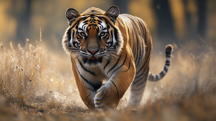 Naklejka premium A tiger walking through grassy area