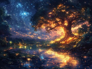 Fototapeta premium Enchanted Forest at Night: Glowing Tree and Starlit River