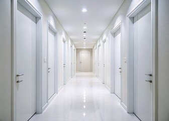 Bright White Hallway Interior with Multiple Doors - Stock Photo