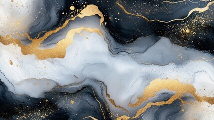 Abstract liquid marble texture with flowing gold, black, and white patterns, creating a luxurious feel.