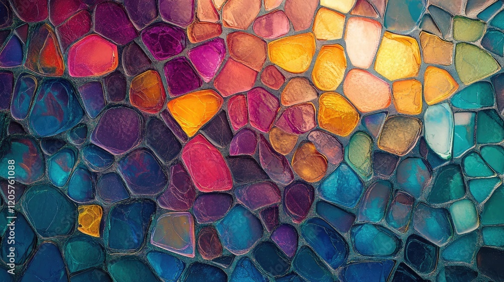 Poster abstract mosaic texture in vibrant jewel tones, creating an intricate and artistic pattern.