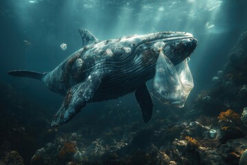 Fototapeta premium Whale breaches through dark water with plastic bag caught in its mouth highlighting ocean pollution