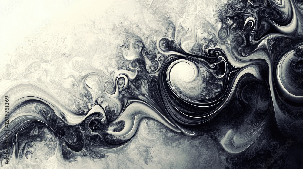 Poster abstract smoke-like texture with swirling black and white patterns on a gradient gray background.