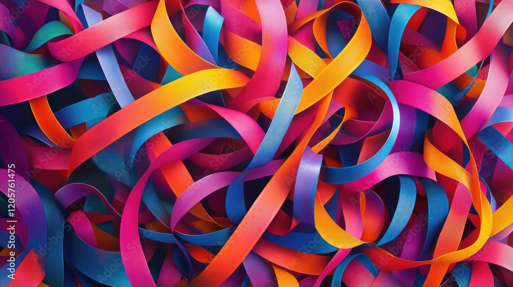 Poster abstract texture of intertwined colorful ribbons, forming a chaotic yet harmonious pattern.
