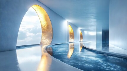 A long, narrow room with a blue waterway and gold arches