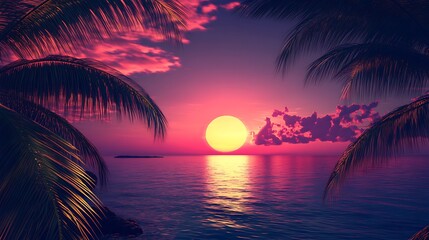 Silhouetted palms and birds against radiant sunset.