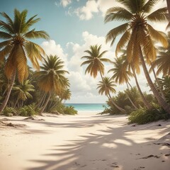 Obraz premium Vintage postcard of a tropical beach with palm trees and white sand, travel destination, picturesque