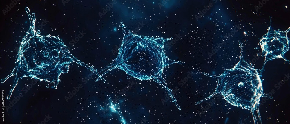 Poster glowing cellular structures in microscopic view: abstract representation of biological processes