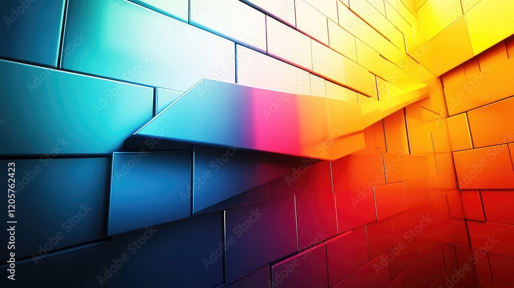 Poster an abstract arrow graph in vibrant colors breaking through a barrier, symbolizing overcoming challen