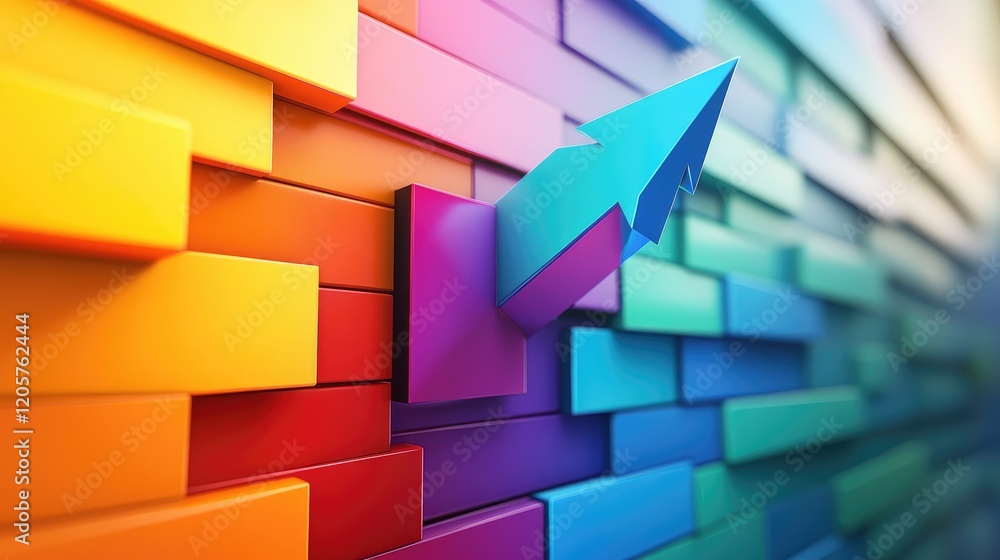 Poster an abstract arrow graph in vibrant colors breaking through a barrier, symbolizing overcoming challen