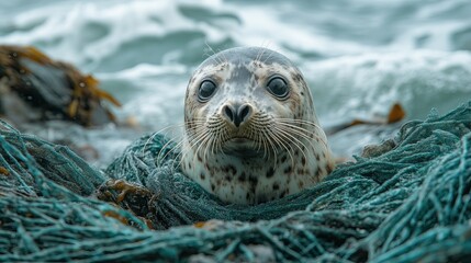 Naklejka premium Seal entangled in discarded fishing lines on rocky shoreline with polluted ocean waves
