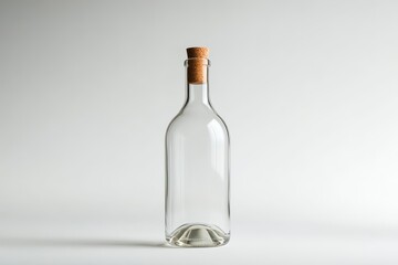 A clear glass bottle with a cork stopper on a minimalistic background, showcasing simplicity and elegance.
