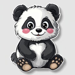 Obraz premium Adorable cartoon panda with a cute smile and pink cheeks sits happily isolated on a gray background