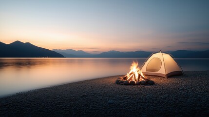 Fototapeta premium A campfire burning brightly beside a vacant tent on a rocky beach at twilight