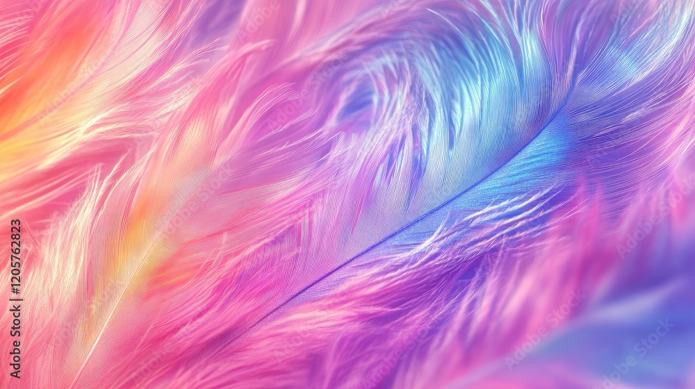 Poster close-up of a feather texture in vibrant iridescent colors, creating a delicate and detailed pattern