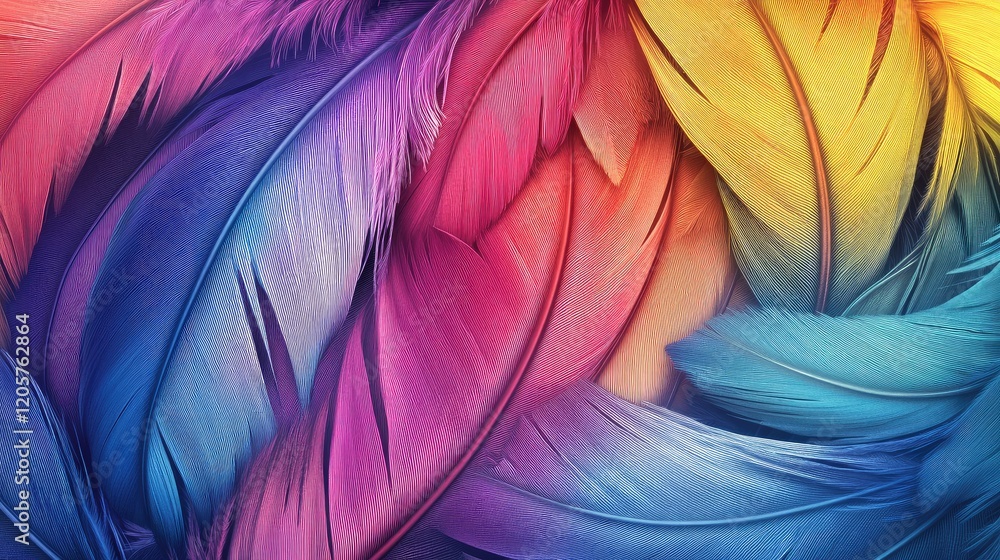 Poster close-up of a feather texture in vibrant iridescent colors, creating a delicate and detailed pattern