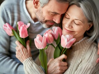 Photo of an attractive senior couple holding pink tulip flowers, Valentines Day, Womans day