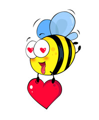 Cartoon bee fall in love. St. Valentines greeting banner, card, love character, cartoon bee stickers