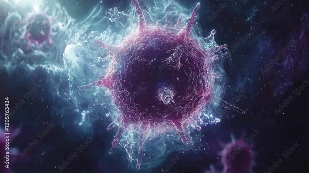 Poster microscopic virus particle: detailed 3d rendering of viral structure and glowing particles