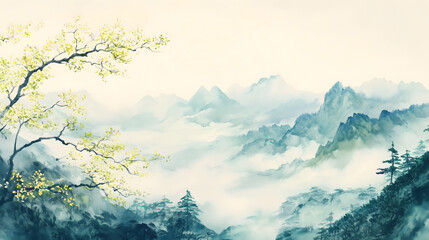 Watercolor painting, beautiful landscape, Chinese ink painting