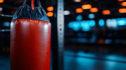 Red Boxing Punching Bag in a Dark Gym
