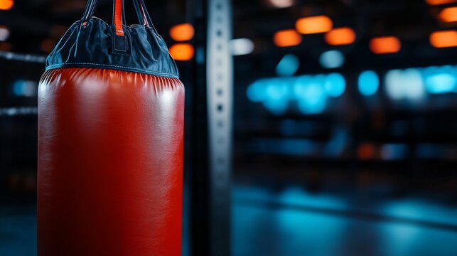 Red Boxing Punching Bag in a Dark Gym