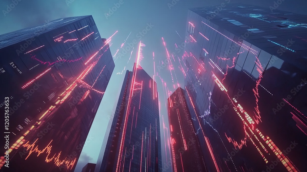 Poster abstract futuristic cityscape with data streams