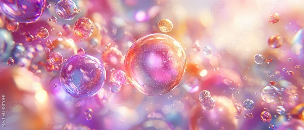 Poster ethereal iridescent bubbles floating in soft light, dreamy abstract background