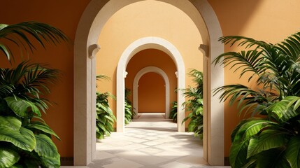Fototapeta premium Travel culture accommodation lifestyles serenity. A serene corridor features multiple arches, flanked by vibrant green plants against warm orange walls, creating a calming and inviting atmosphere.