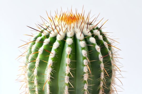 A close-up view of a cactus with vibrant green skin and sharp, yellow-tipped spines on top, showcasing its unique texture and natural beauty.