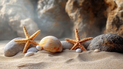 Plakat Seashells, starfish, and stones on sandy beach with rocks background.