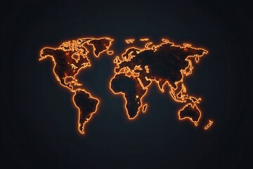 Climate change: Pollution and temperature rise. Glowing world map on a dark background.